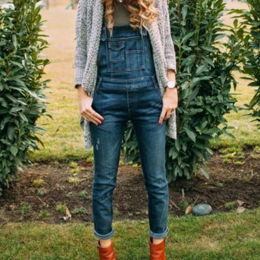 Free People Milo Washed Denim Overalls Dark Wash Distressed‎ 5 Pocket Sz 26